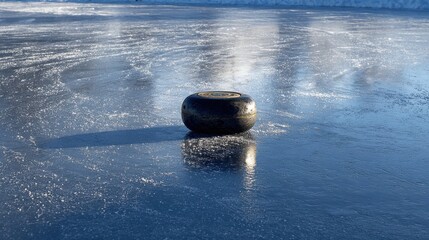Old tire on a frozen lake with ice crystals and sunlight reflection