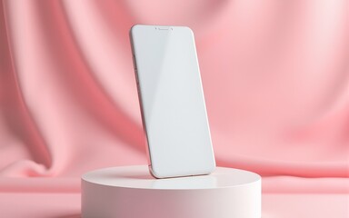 A minimalist smartphone displayed on a circular pedestal with soft pink fabric backdrop. High quality