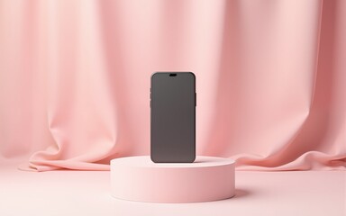 A minimalist smartphone displayed on a circular pedestal with soft pink fabric backdrop. High quality