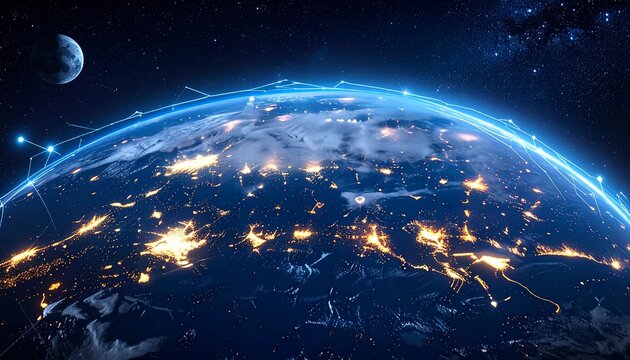 Interplanetary communication network visualized as glowing pathways between Earth, Moon, and Mars, holographic Earth map, digital particles flowing across space, cosmic sci-fi style"