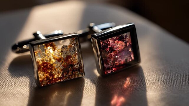 Two cufflinks are displayed on a textured surface, showcasing beautiful amber and pink colors within each cufflink. The cufflinks highlight their intricate designs and reflections.