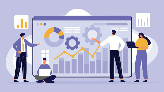 Diverse team of analysts meticulously examining and comparing complex line graphs and key performance indicator metrics on a digital display highlighting data analysis and business strategy