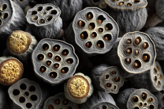 Beautiful green lotus seed pods gathered together on a dark background