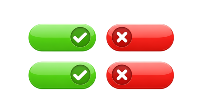 Two sets of green check and red x buttons on transparent background - Powered by Adobe