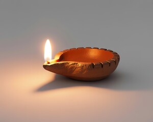 Lit clay diya lamp with a bright flame on a gray background terracotta oil lamp