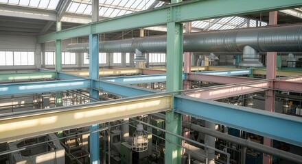 Interior structure of a large industrial facility features colorful steel framework and overhead ductwork illuminated by natural light.