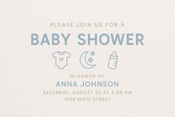 Minimalist baby shower invitation card template with cute icons and pastel colors, modern celebration design.