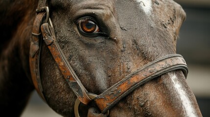 Side view close-up of horse face, mane covering one eye 
