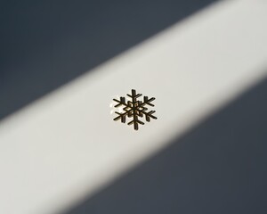 Small golden snowflake ornament casting a sharp shadow on a white surface decoration