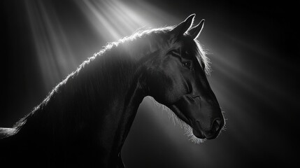 Silhouette of horse face close-up with backlight 