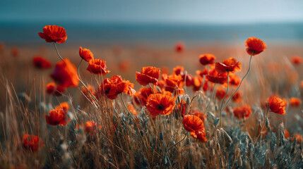 Obraz premium A field of red poppies in bloom with a blurred background of the sea and sky above it