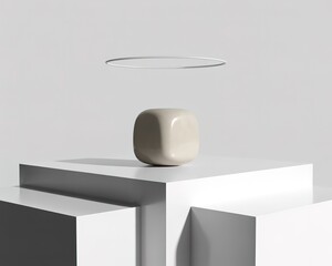 Smooth Beige Cube on White Geometric Pedestals with Ring rounded object