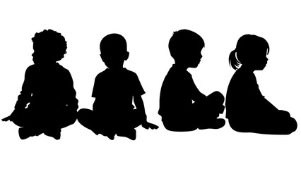 Four children sitting in silhouette against a white background in a row creating a sense of unity and childhood innocence representing togetherness and the beauty of simple moments in life