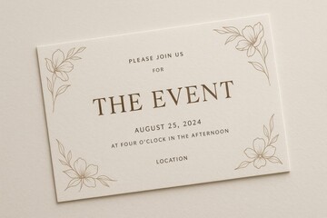 Elegant floral event invitation card template with minimalist design on beige background, modern stationery concept.