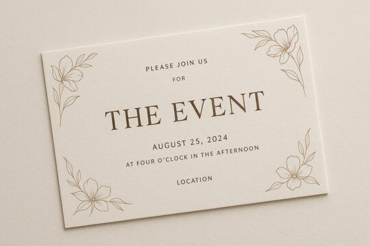 Elegant floral event invitation card template with minimalist design on beige background, modern stationery concept.