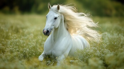 Soft focused close-up horse face against green field