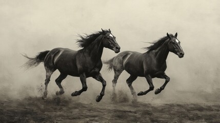 Two horses running side by side