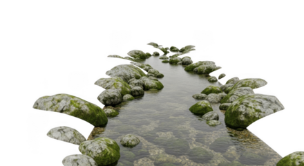 Transparent png of a serene natural stream flowing over mossy rocks with crystal clear water, ideal for overlaying into various landscape designs and digital compositions