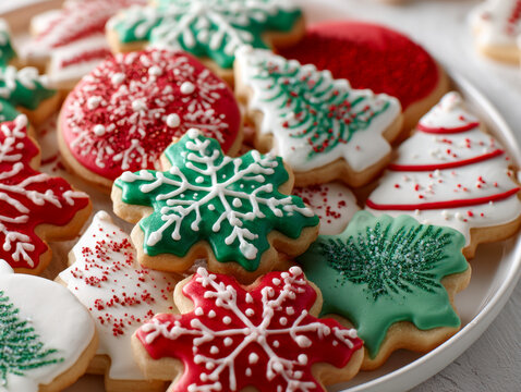 Assorted festive holiday sugar cookies decorated with colorful icing and sprinkles themed around winter celebrations on a white serving plate