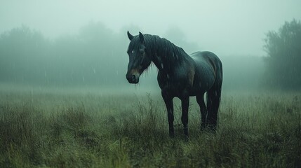 Wild black horse in a rainstorm 