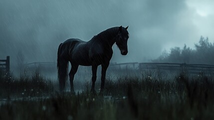 Wild black horse in a rainstorm 