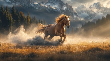 Wild horse running through a mountain pass 