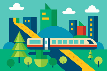Obraz premium Vector illustration of a cartoon urban landscape featuring a city street with cars, buses, and a train traveling past modern buildings and houses under a blue sky with clouds