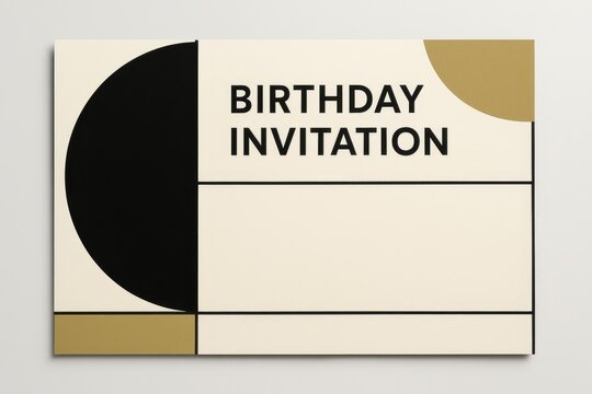 Modern birthday invitation card with geometric design in black, white and gold, minimal flat layout with copy space for custom text. - Powered by Adobe