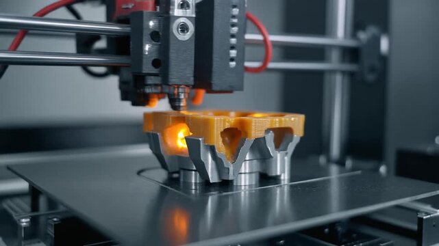 Close-up of a 3D printer in operation, manufacturing a complex orange and silver object with precision and glowing elements.