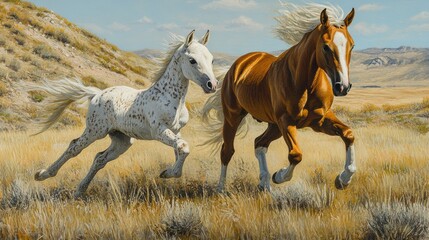 Young foal running beside its mother