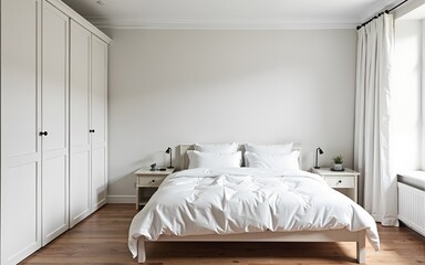 Stylish white bedroom showcases a double bed, built-in wardrobe, and wooden flooring in a tranquil minimalist decor. High quality