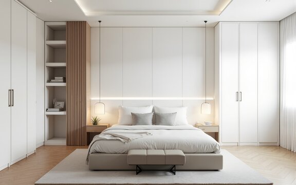 Stylish white bedroom showcases a double bed, built-in wardrobe, and wooden flooring in a tranquil minimalist decor. High quality