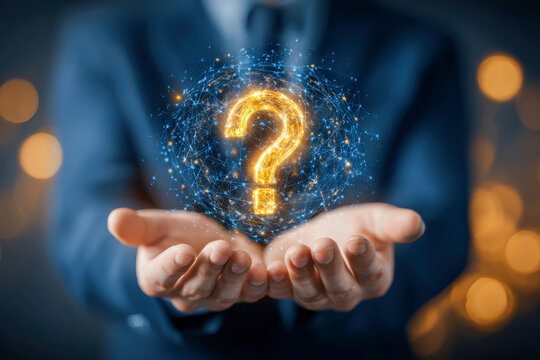 Business person holding glowing question mark surrounded by a digital web of connections symbolizing uncertainty and inquiry in a futuristic concept background