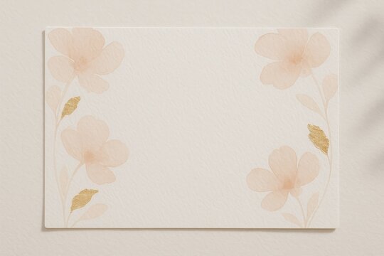 Elegant floral card mockup with soft watercolor flowers and gold leaves on textured paper, perfect for wedding, invitation, or greeting design.
