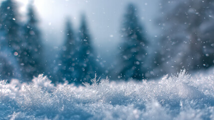 Sparkling winter snowflakes gently falling on frosty ground with blurred evergreen trees in the background creating a calm and chilly forest atmosphere