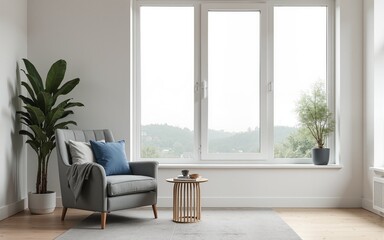 Naklejka premium Scandinavian style home design featuring a minimalist interior with a gray modern armchair blue pillow soft blanket table pot with plant and light colored walls Panoramic view. High quality