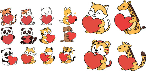 Valentine Cute Animals Holding Hearts Love Clipart Set