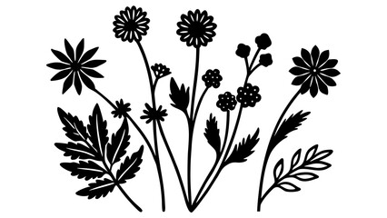 Elegant floral arrangement with stylized black flowers and leaves on a white background creating a simple yet sophisticated botanical design perfect for backgrounds and decorative elements