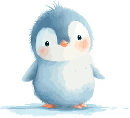 Charming watercolor depiction of a fluffy baby penguin standing adorably in soft artistic detail - vector illustration