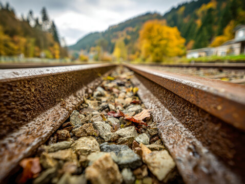 Rusted railroad tracks stretching through autumn landscape with colorful foliage and mountains blurred in the background on an overcast day