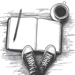 Casual Feet in Sneakers on Blank Open Book with Pen and Coffee Cup