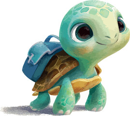 Playful watercolor interpretation of a cute cartoon turtle character carrying a small backpack happily - vector illustration