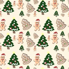 A festive Christmas pattern featuring cheerful gingerbread men, decorated Christmas trees, and sweet cookie shapes.