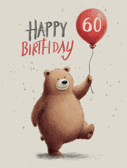 Joyful watercolor birthday card illustration featuring a cheerful dancing bear celebrating a fun 60th milestone - vector illustration