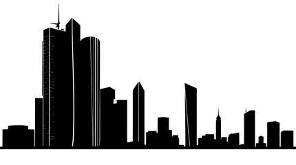 Obraz premium Silhouette of a compact skyscraper cluster with sleek angular lines and minimalist details, rendered in black shapes against a crisp white background, showcasing a clean modern vector look with precis