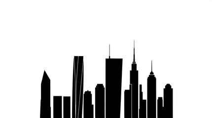 Obraz premium Silhouette of a compact skyscraper cluster with sleek angular lines and minimalist details, rendered in black shapes against a crisp white background, showcasing a clean modern vector look with precis