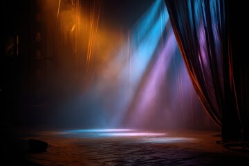 Moody stage lighting background with warm amber beam cutting through haze