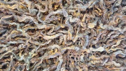 Curly brown wool yarn background texture close up