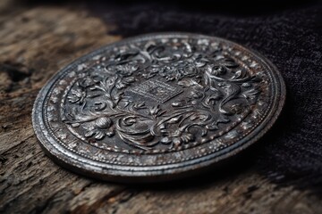 Moody still life of a tarnished silver medallion with intricate engravings