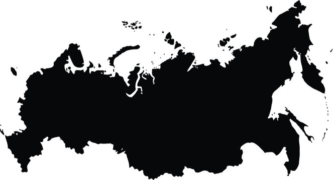 Detailed black silhouette map of russia, a vast country, isolated on white background